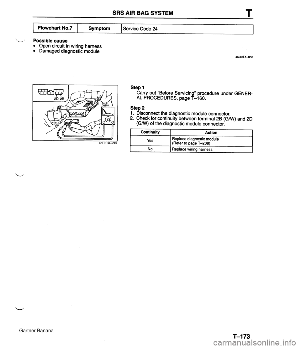 MAZDA MX-5 1994  Workshop Manual SRS AIR BAG SYSTEM T i/ Possible cause Open circuit in wiring harness Damaged diagnostic module Flowchart No.7 Step 1 Carry out "Before Servicing" procedure under GENER- AL PROCEDURES, page T-160. Ste