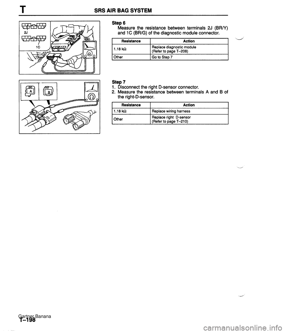 MAZDA MX-5 1994  Workshop Manual T SRS AIR BAG SYSTEM Step 6 Measure the resistance between terminals 2J (BRN) and 1 C (BRIG) of the diagnostic module connector. I Resistance I Action I - Step 7 1. Disconnect the right D-sensor conne