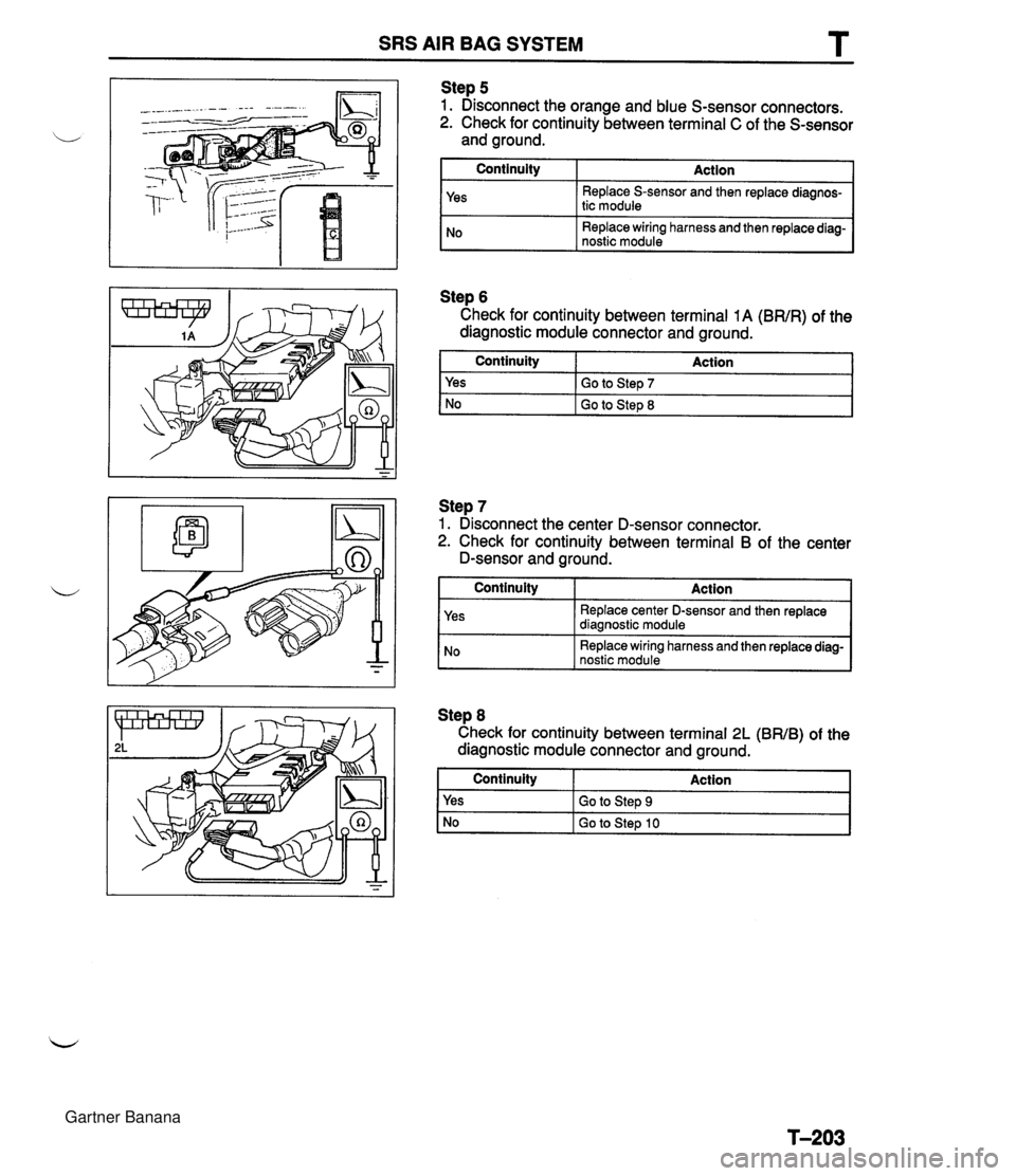 MAZDA MX-5 1994  Workshop Manual SRS AIR BAG SYSTEM T Step 5 1. Disconnect the orange and blue S-sensor connectors. 2. Check for continuity between terminal C of the S-sensor and ground. Continuity Action 1 Yes Step 6 Check for conti