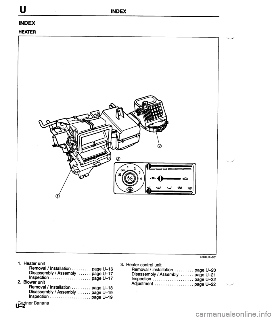 MAZDA MX-5 1994  Workshop Manual u INDEX INDEX HEATER 1. Heater unit Removal / Installation ......... page U-16 Disassembly / Assembly ...... page U-17 Inspection ................... page U-17 2. Blower unit Removal / Installation ..