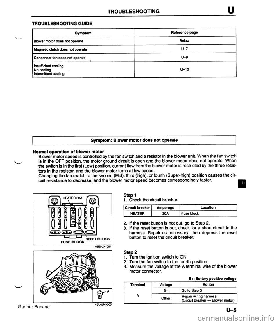 MAZDA MX-5 1994 Workshop Manual TROUBLESHOOTING u TROUBLESHOOTING GUIDE I Symptom Blower motor does not operate Reference page Below Magnetic clutch does not operate I U-7 Condenser fan does not operate e Symptom: Blower motor does MAZDA MX-5 1994 Workshop Manual TROUBLESHOOTING u TROUBLESHOOTING GUIDE I Symptom Blower motor does not operate Reference page Below Magnetic clutch does not operate I U-7 Condenser fan does not operate e Symptom: Blower motor does