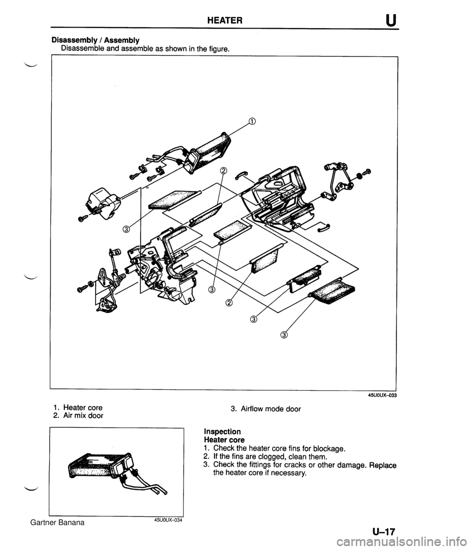 MAZDA MX-5 1994  Workshop Manual HEATER u Disassembly / Assembly Disassemble and assemble as shown in the figure. 1. Heater core 2. Air mix door 3. Airflow mode door Inspection Heater core 1. Check the heater core fins for blockage. 
