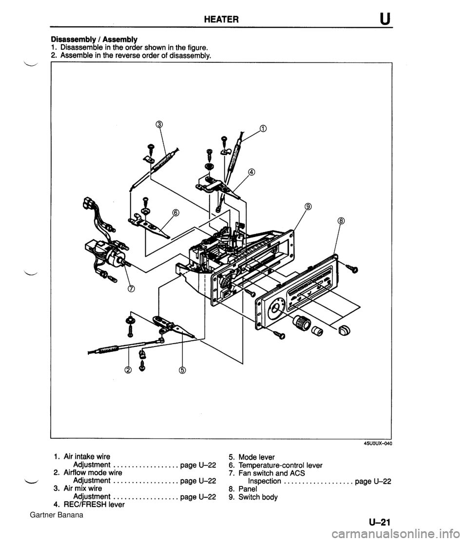 MAZDA MX-5 1994  Workshop Manual HEATER u Disassembly 1 Assembly 1. Disassemble in the order shown in the figure. 2. Assemble in the reverse order of disassembly. 1. Air intake wire 5. Mode lever Adjustment .................. page U-