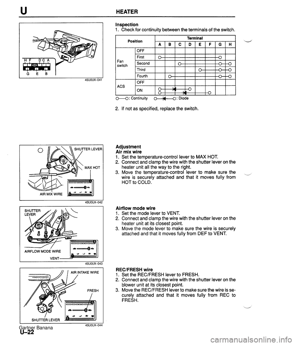 MAZDA MX-5 1994 Workshop Manual u HEATER I_-K AIR MIX WlRE -/ AIRFLOW MODE WlRE VENT bm -:JJ 45UOUX-04 AIR INTAKE WlRE / SHUTTER LEVER 45uoux-041 U-22 Inspection 1. Check for continuity between the terminals of the switch. Fan swit MAZDA MX-5 1994 Workshop Manual u HEATER I_-K AIR MIX WlRE -/ AIRFLOW MODE WlRE VENT bm -:JJ 45UOUX-04 AIR INTAKE WlRE / SHUTTER LEVER 45uoux-041 U-22 Inspection 1. Check for continuity between the terminals of the switch. Fan swit