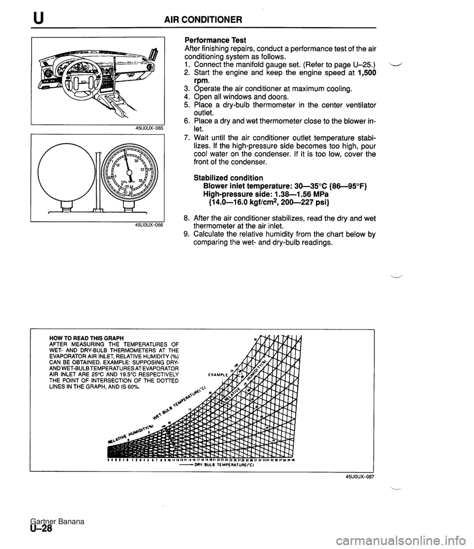 MAZDA MX-5 1994 Workshop Manual u AIR CONDITIONER Performance Test After finishing repairs, conduct a performance test of the air conditioning system as follows. 1. Connect the manifold gauge set. (Refer to page U-25.) 2. Start the MAZDA MX-5 1994 Workshop Manual u AIR CONDITIONER Performance Test After finishing repairs, conduct a performance test of the air conditioning system as follows. 1. Connect the manifold gauge set. (Refer to page U-25.) 2. Start the