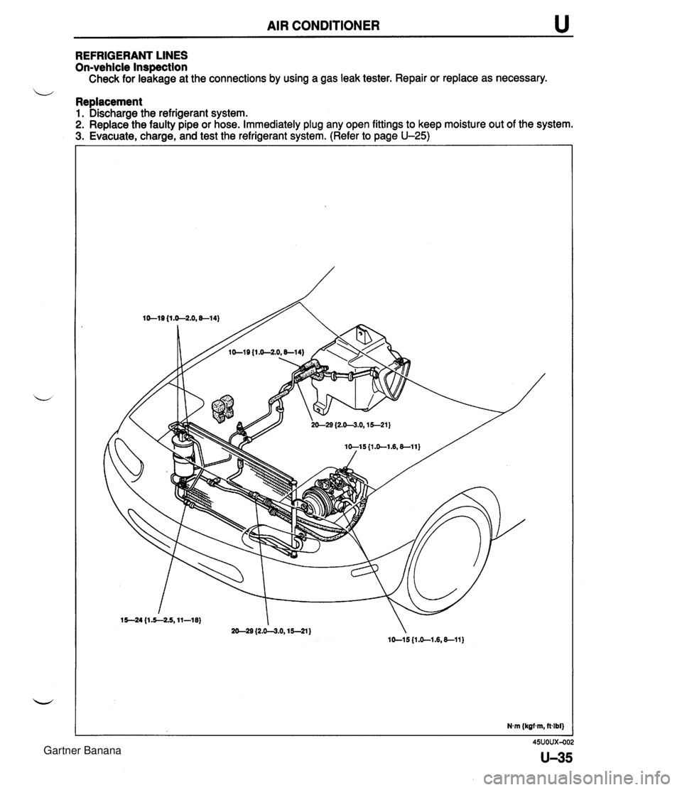 MAZDA MX-5 1994  Workshop Manual AIR CONDITIONER u REFRIGERANT LINES On-vehicle Inspection Check for leakage at the connections by using a gas leak tester. Repair or replace as necessary. b Replacement 1. Discharge the refrigerant sy