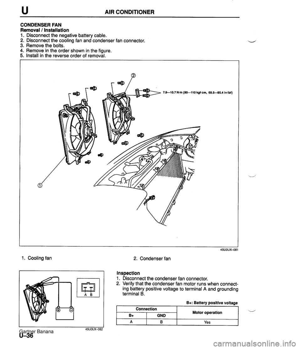 MAZDA MX-5 1994  Workshop Manual u AIR CONDITIONER CONDENSER FAN Removal / Installation 1. Disconnect the negative battery cable. 2. Disconnect the cooling fan and condenser fan connector. 3. Remove the bolts. 4. Remove in the order 