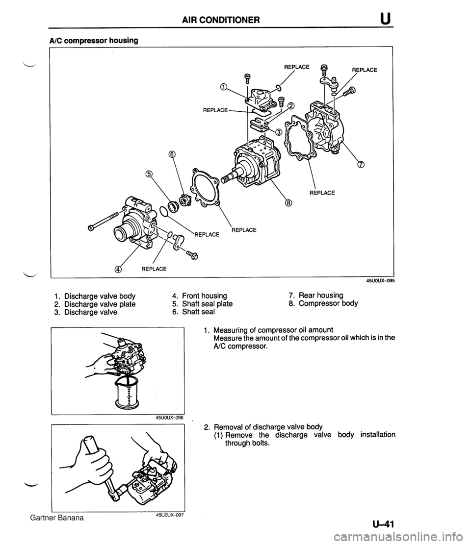 MAZDA MX-5 1994  Workshop Manual AIR CONDITIONER u A/C compressor housing @ REPLACE 45UOUX4 1. Discharge valve body 4. Front housing 2. Discharge valve plate 5. Shaft seal plate 3. Discharge valve 6. Shaft seal 7. Rear housing 8. Com