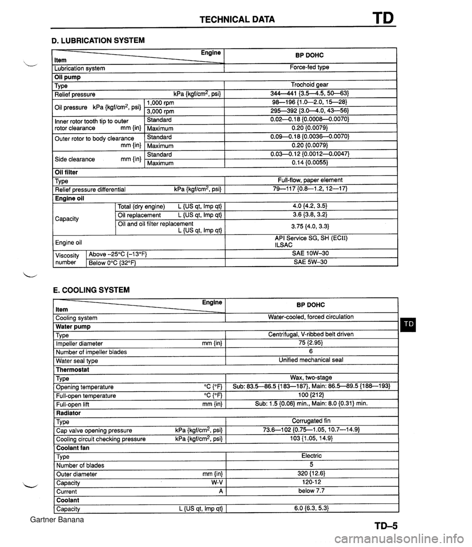 MAZDA MX-5 1994  Workshop Manual TECHNICAL DATA D. LUBRICATION SYSTEM - Engine ltem BP DOHC - -. Lubrication system Force-fed type E. COOLING SYSTEM Trochoid gear 344-41 I3.5--4.5,s-31 9&l96 {I .&2.0, 15--28) 295-392 {3.0-4.0,43-56) 