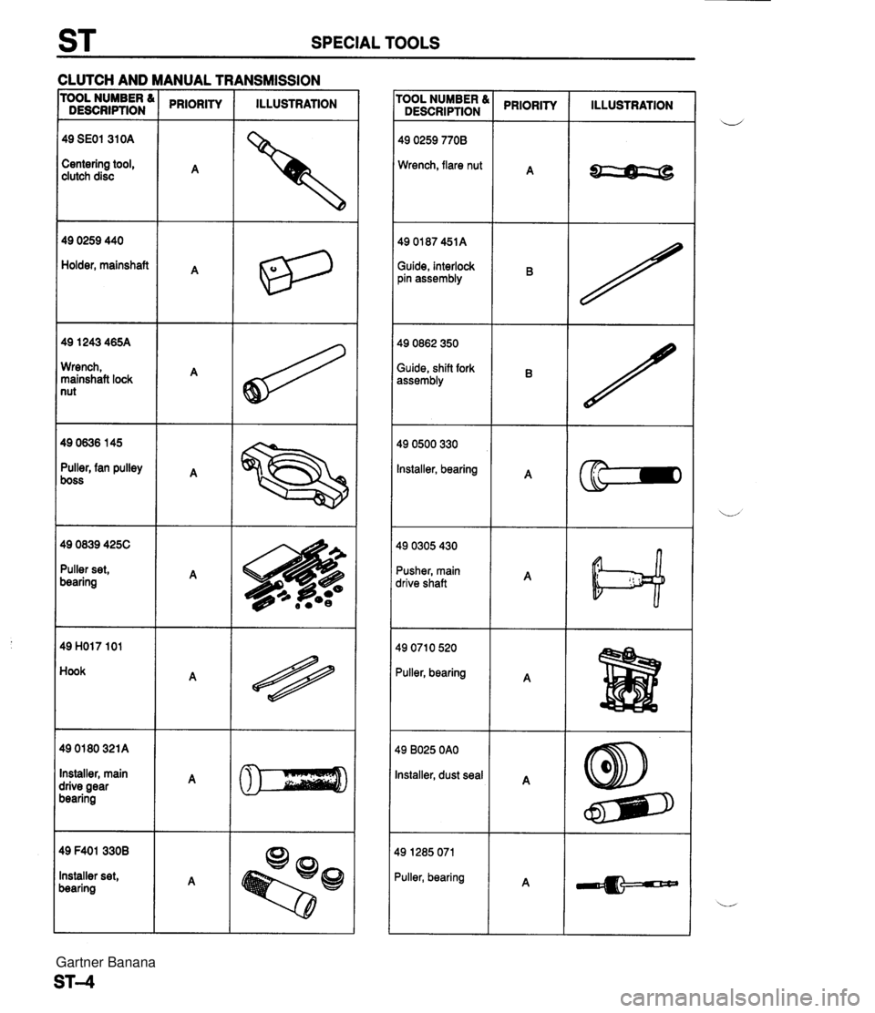 MAZDA MX-5 1994  Workshop Manual ST SPECIAL TOOLS CLUTCH AND MANUAL TRANSMISSION TOOL NUMBER d DESCRIPTION PRIORITY ILLUSTRATION PRIORITY ILLUSTRATION 49 SEOl 310A Centering tool, clutch disc Wrench, flare nut 49 0259 440 Holder, mai