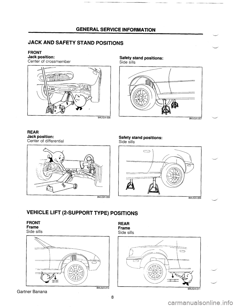 MAZDA MX-5 1994  Workshop Manual GENERAL SERVICE INFORMATION JACK AND SAFETY STAND POSITIONS FRONT Jack position: Center of crossmember REAR Jack position: Center of differential Safety stand positions: Side sills I Safety stand posi