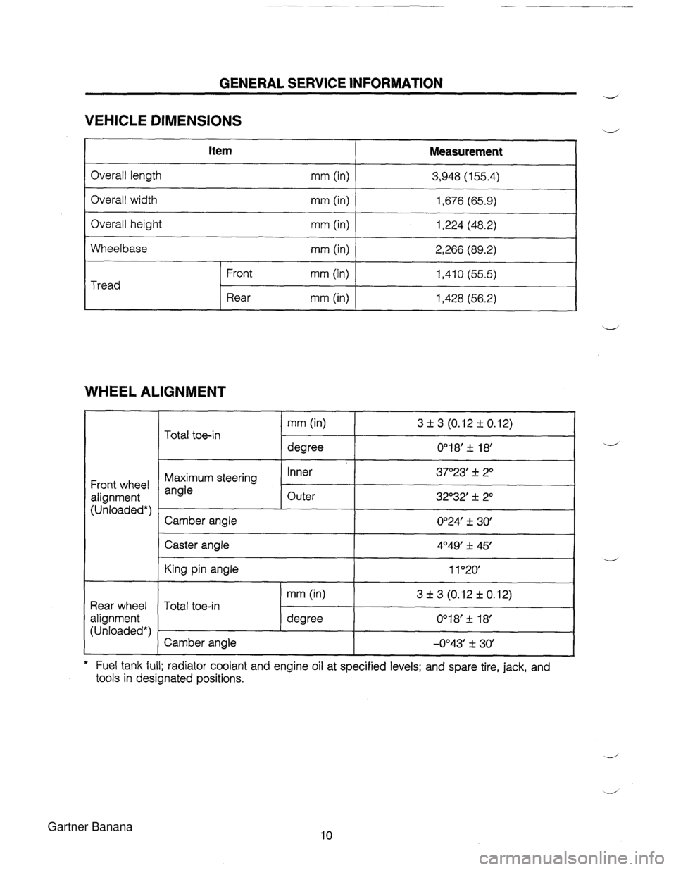 MAZDA MX-5 1994  Workshop Manual GENERAL SERVICE INFORMATION VEHICLE DIMENSIONS d Measurement I I Overall height mm (in) I Overall length mm (in) Overall width mm (in) 3,948 (155.4) 1,676 (65.9) WHEEL ALIGNMENT Front wheel alignment 