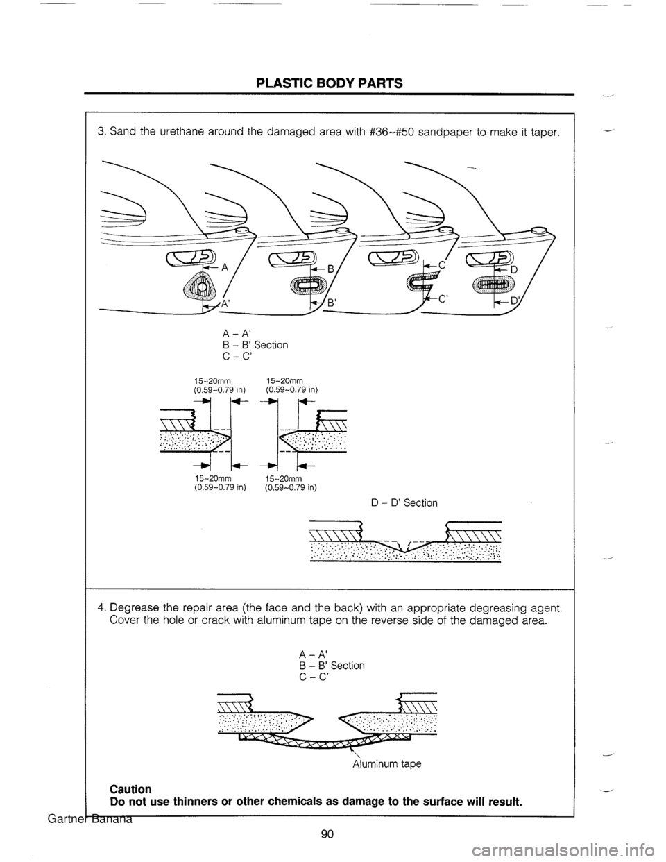 MAZDA MX-5 1994  Workshop Manual PLASTIC BODY PARTS 3. Sand the urethane around the damaged  area with #36-#50 sandpaper to make  it taper. A - A B - B Section C - C 15-20mm (0.59-0.79 in) ............... 15-20mm (0.59-0.79 in) 15