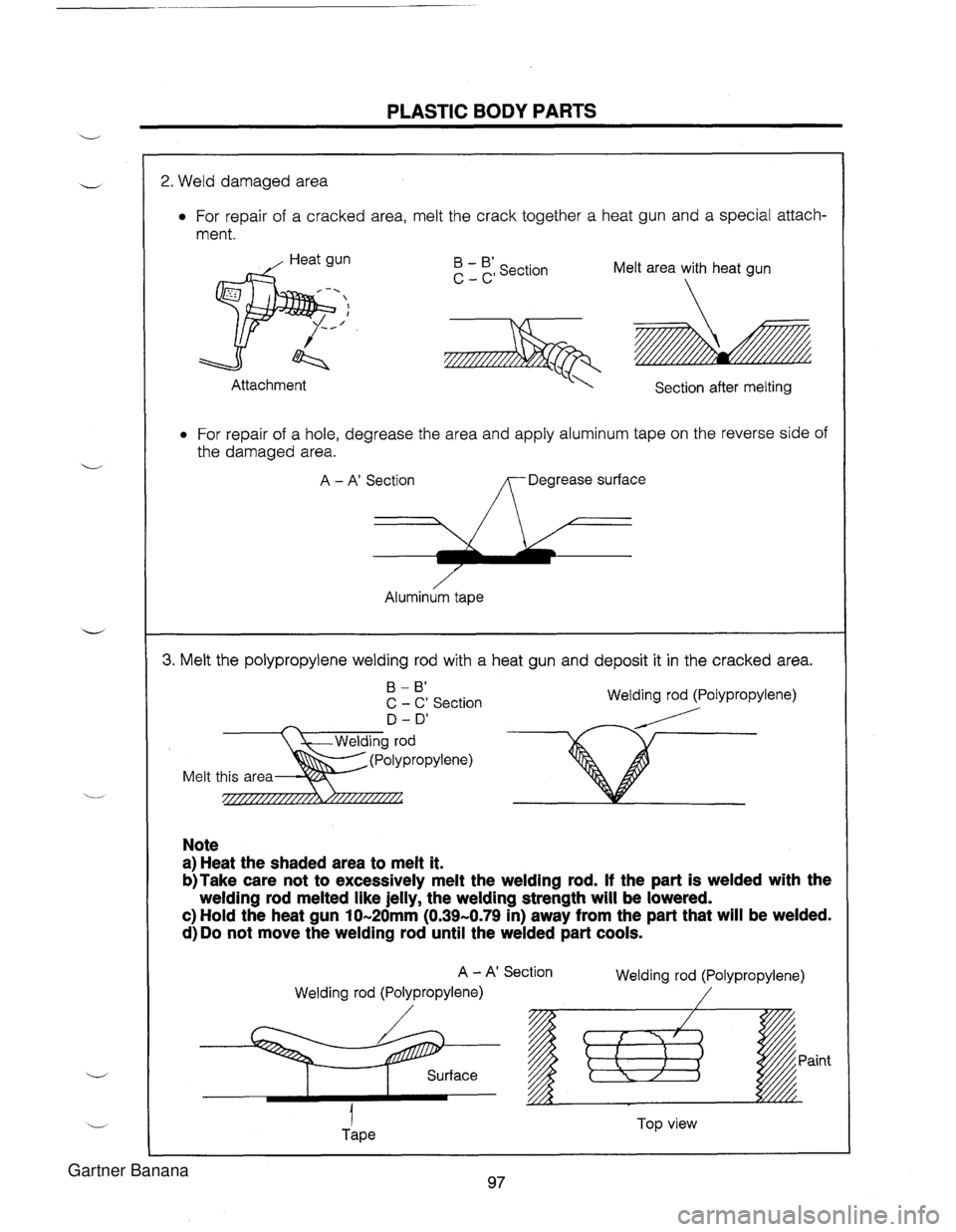 MAZDA MX-5 1994  Workshop Manual PLASTIC BODY PARTS 2. Weld damaged area For repair of a cracked area,  melt the crack together  a  heat gun and a special  attach- ment. - B section Melt area with heat gun C - C Attachment Section 