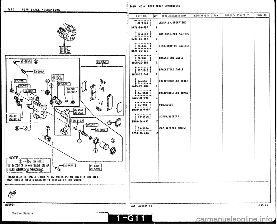 MAZDA MX-5 1994  Workshop Manual F! 2610 -2 E REAR BRAKE HECIIAIIISMS 26 10  I REAR BRAKE HECHAN I SHS I LEVER( L) ,OPERATIHG ROB ,PUSH-FRT CALIPEK Rf HO,SNAP-RR CALIPER BRACKET( R 3 8 CABLE BRACKET( L 3, CABLE CALIPERtR1,WR WAKE CA