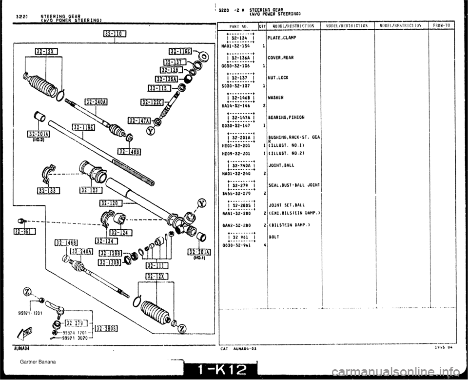 MAZDA MX-5 1994  Workshop Manual ; 5220 2 S STEERIN3 GEAR 322f STEERING GEAR CW/O POWEH STEERIRG) (W/O POWER STEERING) -I IIAHI S(!. LATE ,CLAMP OVER, REAR IUT ,LOCK LI- -........ -- ruti~or CAT AunAoa-0s   Gartner Banana  