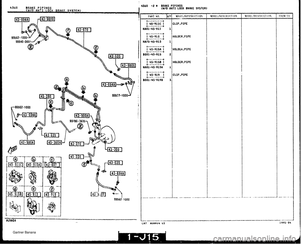 MAZDA MX-5 1994  Workshop Manual 4510 BRAKE PIPINGS a. (WIO ANTI LOCK BRAKE SY-STEH) I 360 -2 * BRAKE PIPINGS <W/O ANTI LOCK BWAKE SVSTEM) AUHAUJ %US   Gartner Banana  