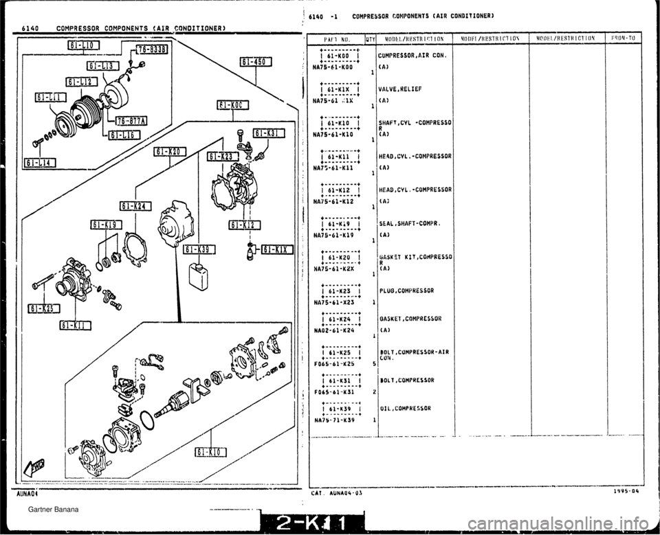 MAZDA MX-5 1994  Workshop Manual 6140 -1 COMPRESSOR CQNPQNENTS (AIR CONDITIONER) 6140 COMPRESSOR COMPONENTS (AIR CONDITIONER) :OHPRESSOR ,AX R CON. (4 I SEAL , SHAFT-COMPR a (A) BASK57 KIT ,CQHPROSSO R (A) BOLf,CO#PRESSOW-AIR COW.   