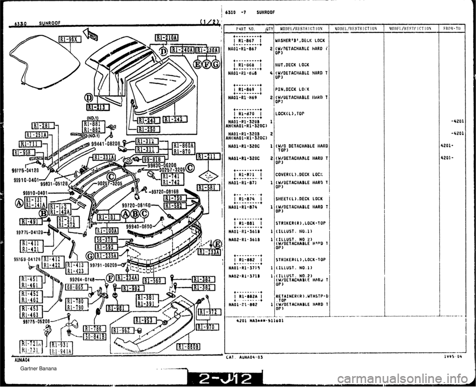MAZDA MX-5 1994  Workshop Manual (1 /2h. . . SUNROOF 6330 : F NUT ,DECK LOCK IW/DETACHAILE #ARD T UP 1 (W/O DETACHABLE HARD TOP) COVER( L 1, DECK LBCX STRIKER(R),LBCK-TOP (ILLUSTn ti0.1) (ILLUST. NO 2) (W/BETACHABLE H4aD T or 1 (Y/DE