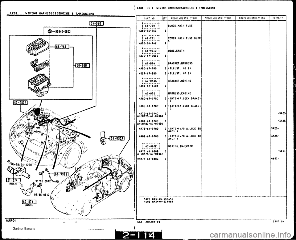 MAZDA MX-5 1994  Workshop Manual 6701 WIRING HARNESSES(EHG1NE 6 T/MfSStON) COVER,HAIN FUSE BLOC I I I BRACKET ,lIARIESS (WO A, LOCK IR   Gartner Banana  