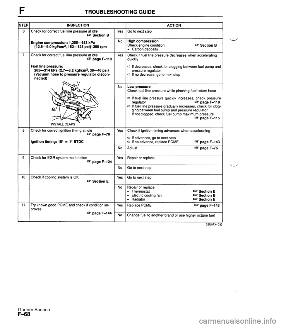 MAZDA MX-5 1994 Workshop Manual TROUBLESHOOTING GUIDE INSPECTION Check for correct fuel line pressure at idle Section B ACTION Go to next step - Yes High compression Check engine condition Carbon deposits Engine compression: 1,255-8 MAZDA MX-5 1994 Workshop Manual TROUBLESHOOTING GUIDE INSPECTION Check for correct fuel line pressure at idle Section B ACTION Go to next step - Yes High compression Check engine condition Carbon deposits Engine compression: 1,255-8