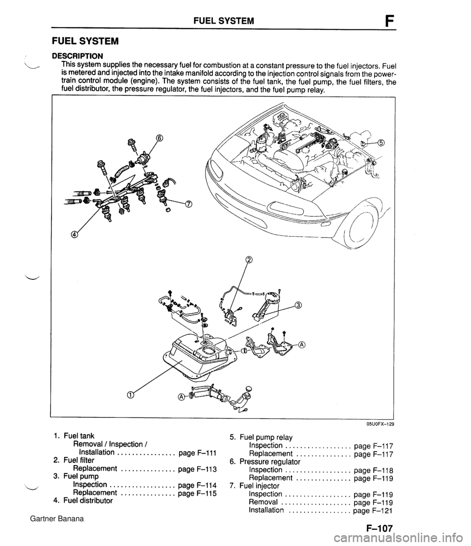 MAZDA MX-5 1994  Workshop Manual FUEL SYSTEM F FUEL SYSTEM DESCRIPTION . This system supplies the necessary fuel for combustion at a constant pressure to the fuel injectors. Fuel is metered and injected into the intake manifold accor