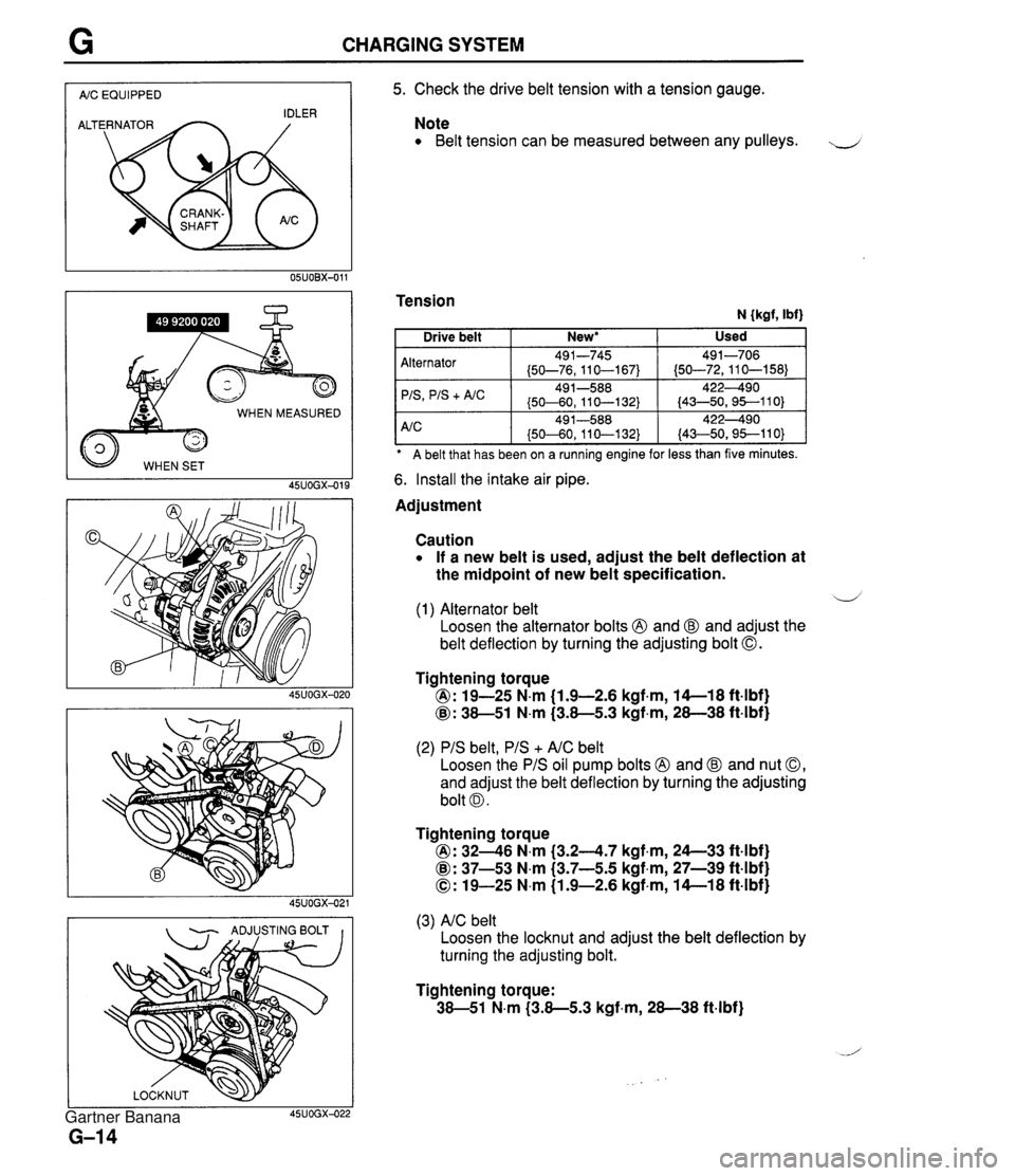 MAZDA MX-5 1994  Workshop Manual CHARGING SYSTEM I AIC EQUIPPED I WHEN MEASURED 45UOGX-015  - ADJUSTING BOLT I I 5. Check the drive belt tension with a tension gauge. Note Belt tension can be measured between any pulleys. J Tension N