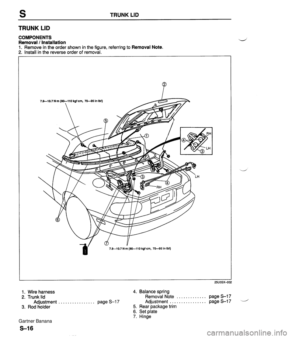 MAZDA MX-5 1994  Workshop Manual TRUNK LID TRUNK LID COMPONENTS Removal / Installation 1. Remove in the order shown in the figure, referring to Removal Note. 2. Install in the reverse order of removal. 7.9-10.7 Nrn (80-110 kgfwn, 70-