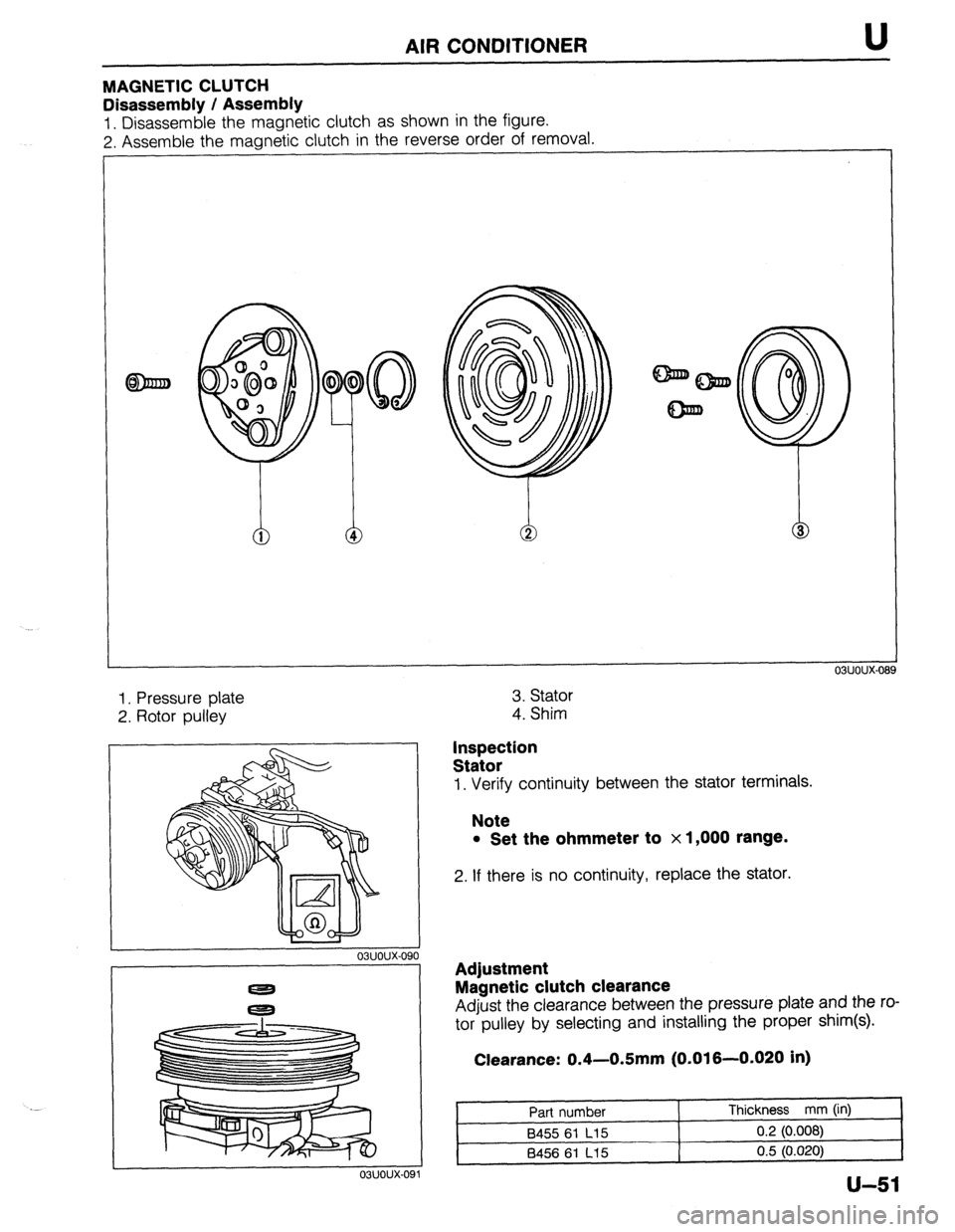 MAZDA PROTEGE 1992  Workshop Manual AIR CONDITIONER 
MAGNETIC CLUTCH 
Disassembly / Assembly 
1. Disassemble the magnetic clutch as shown in the figure. 
2. Assemble the magnetic clutch in the reverse order of removal. 
I 
1. Pressure p