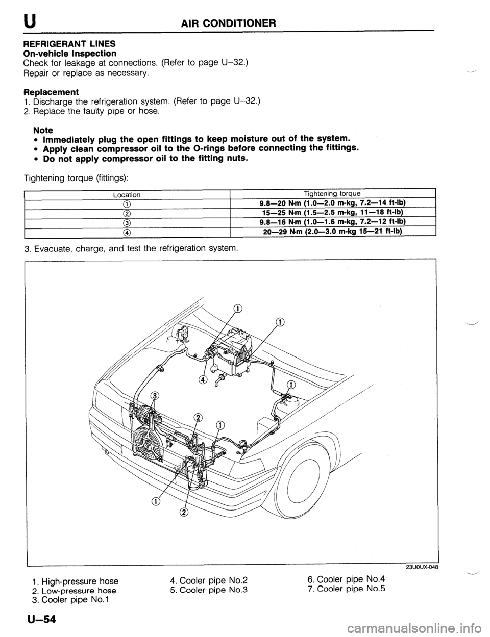 MAZDA PROTEGE 1992  Workshop Manual AIR CONDITIONER 
REFRIGERANT LINES 
On-vehicle Inspection 
Check for leakage at connections. (Refer to page U-32.) 
Repair or replace as necessary. 
Replacement 
1. Discharge the refrigeration system.