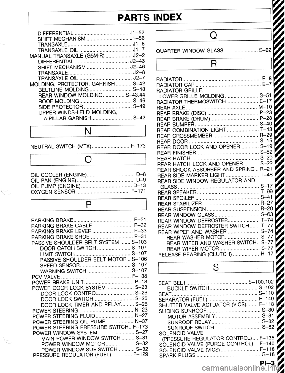 MAZDA PROTEGE 1992  Workshop Manual PARTS 
DIFFERENTIAL ..................................... Jl-52 
SHIFT MECHANISM ............................. Jl-56 
TRANSAXLE ............................................ Jl-8 
TRANSAXLE OIL .......