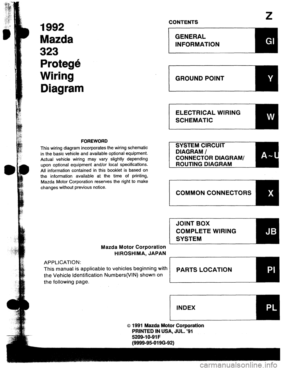 MAZDA PROTEGE 1992  Workshop Manual 1992 
Mazda 
323 
Protege 
Wiring 
Diagram 
FOREWORD 
This wiring diagram incorporates the wiring schematic 
in the basic vehicle and available optional equipment. 
Actual vehicle wiring may vary slig