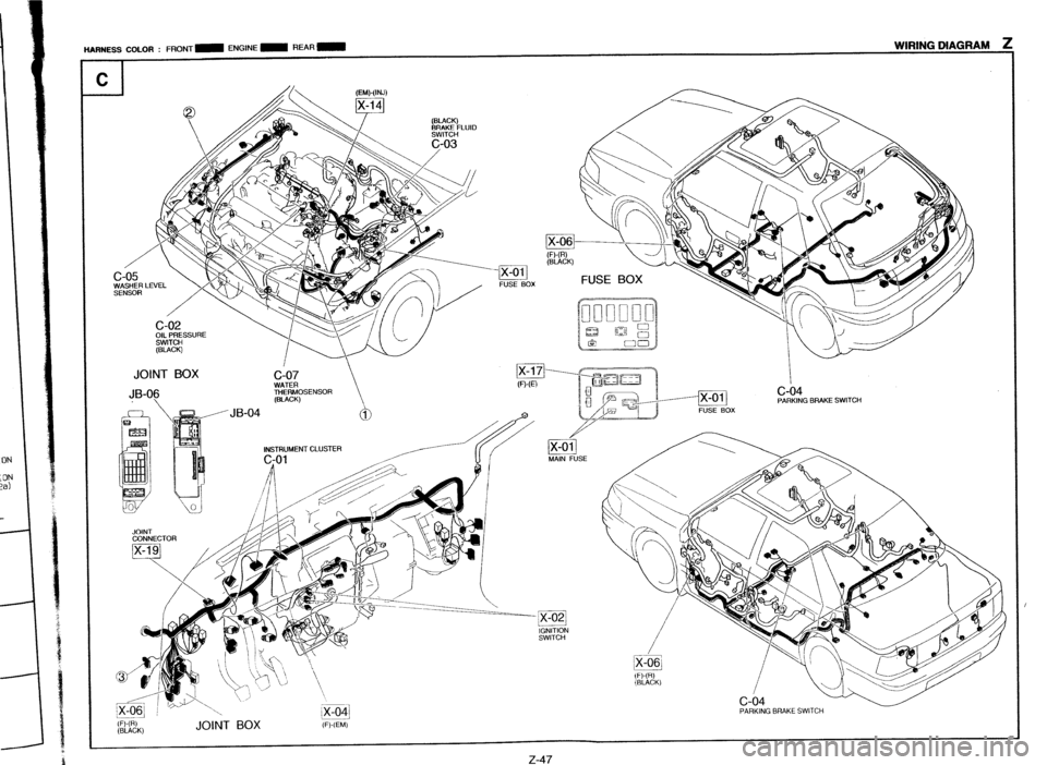 MAZDA PROTEGE 1992  Workshop Manual - 
- 
c 
* 
4 
JOINT BOX 
JB-06 
“AllMESS COLOR : FRONT- ENGINE - REAR- WIRING DIAGRAM 1 
I 
JB-04 
JOINT 
CONNECTOR 
E! 
SWITCH 
JOINT BOX 
b/-V9 
PARKlNG BRAKE SWITCH 
z-47  