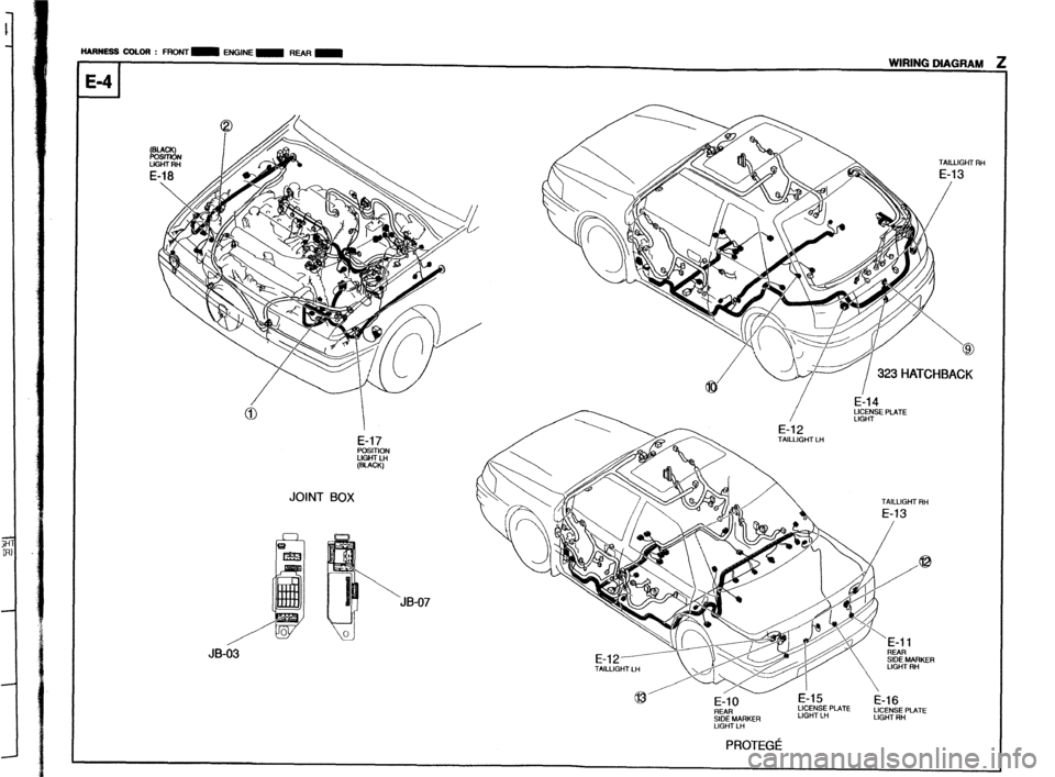 MAZDA PROTEGE 1992  Workshop Manual HARNESS COLOR : FRONT m ENGINE m WAR m WIRING DIAGRAM 
E-4 
TAILLIGHT RH 323 HATCHBACK 
LIGHT E-17 
POSITION 
LIGHT u1 
(WCIO 
TAILLIGHT RH JB-07 
LIGHT LH PROTEGC  JOINT BOX 
JB-63 
Z-61  