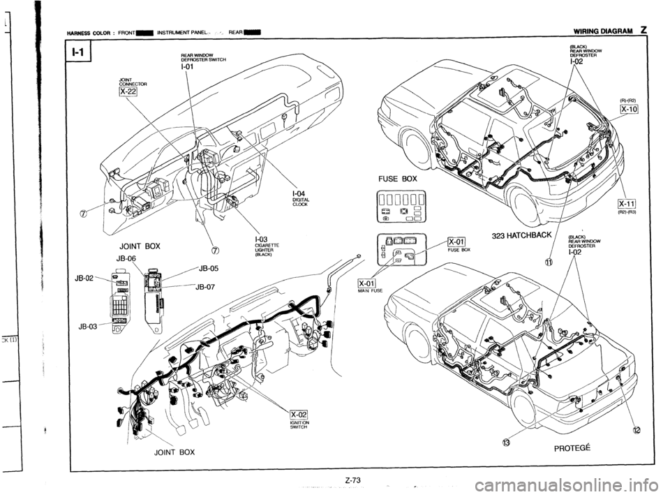 MAZDA PROTEGE 1992  Workshop Manual HAFINES COLOR : FRONTS INSTRUMENT PANEL 
r. REARm ____ - _-.- _.____ *_ 
3 
JB-02 _ 
JB-03 
JOINT 
CONNECTOR  
I-03 
JOINT BOX 
0 %%F 
JB-06 (-CK) 
 
JOINT BOX 
PROTEGi  