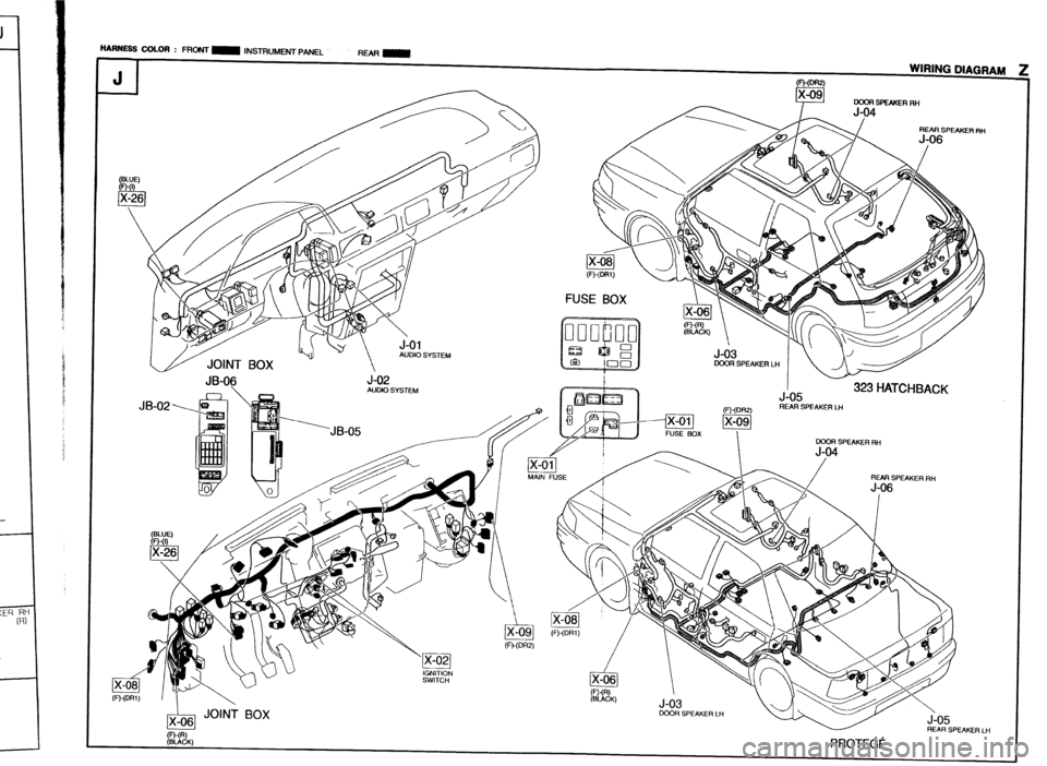 MAZDA PROTEGE 1992  Workshop Manual - 
- 
iU&i SYSTEM 
JB-06 
JB-02 >q J-02 AUDIO SYSTEM  HARllESS COLOR : FRONT m INSTRUMENT PANEL 
RMmm 
J 1 WIRING DIAGRAM FbmFw~ 
J-US 
,!=U~c1B REAR SPEAKER LH 
.--kKA / REAR SPEAKER RH  OOOR SPEAKER