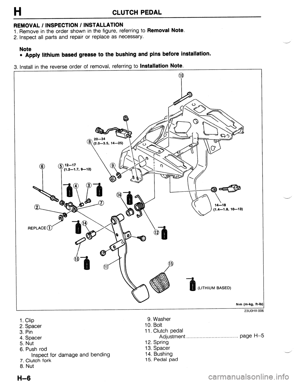 MAZDA PROTEGE 1992  Workshop Manual H CLUTCH PEDAL 
REMOVAL / INSPECTION / INSTALLATION 
1. Remove in the order shown in the figure, referring to Removal Note. 
2. Inspect all parts and repair or replace as necessary. 
Note 
l Apply lit
