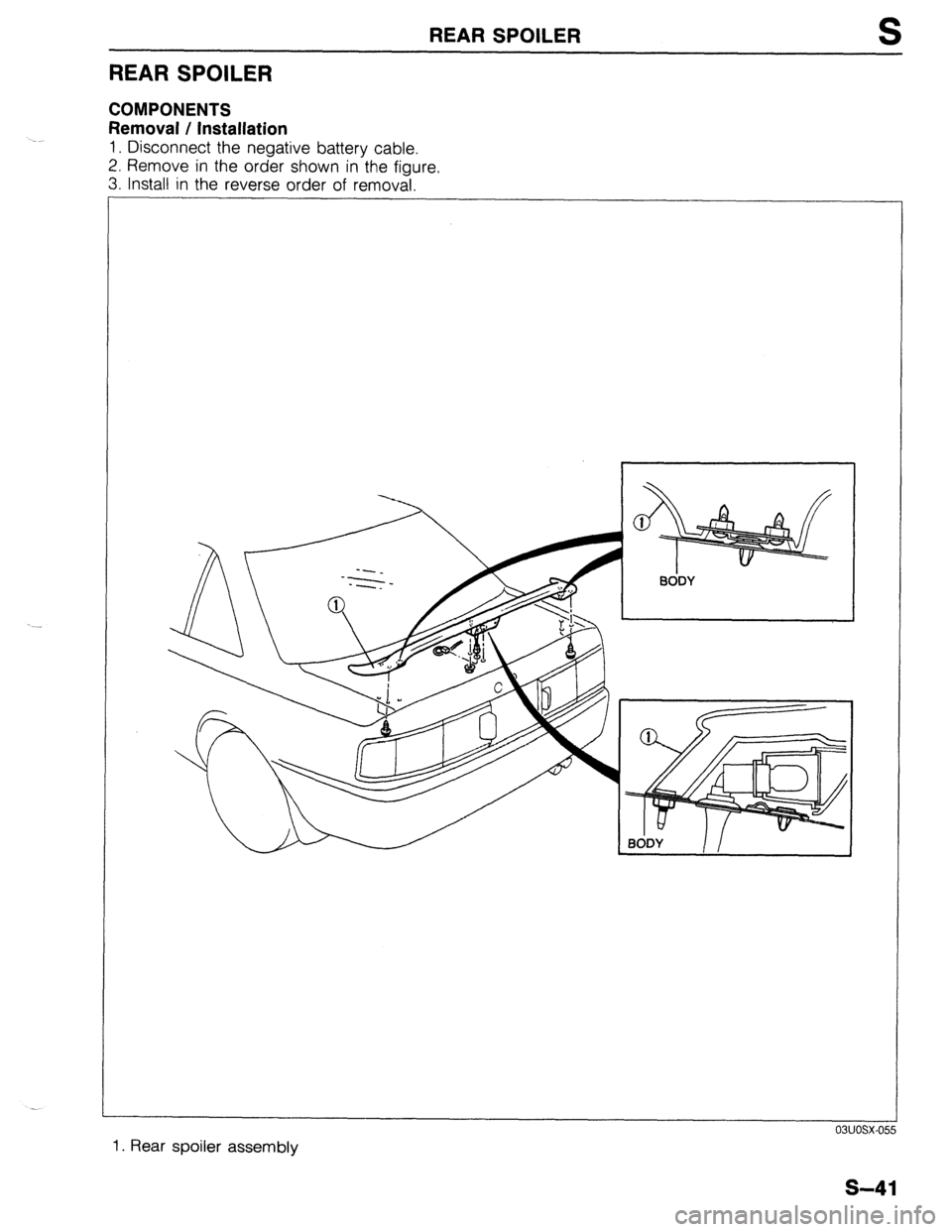 MAZDA PROTEGE 1992  Workshop Manual REAR SPOILER S 
REAR SPOILER 
COMPONENTS 
Removal / Installation 
1. Disconnect the negative battery cable. 
2. Remove in the order shown in the figure. 
3. Install in the reverse order of removal. 
1