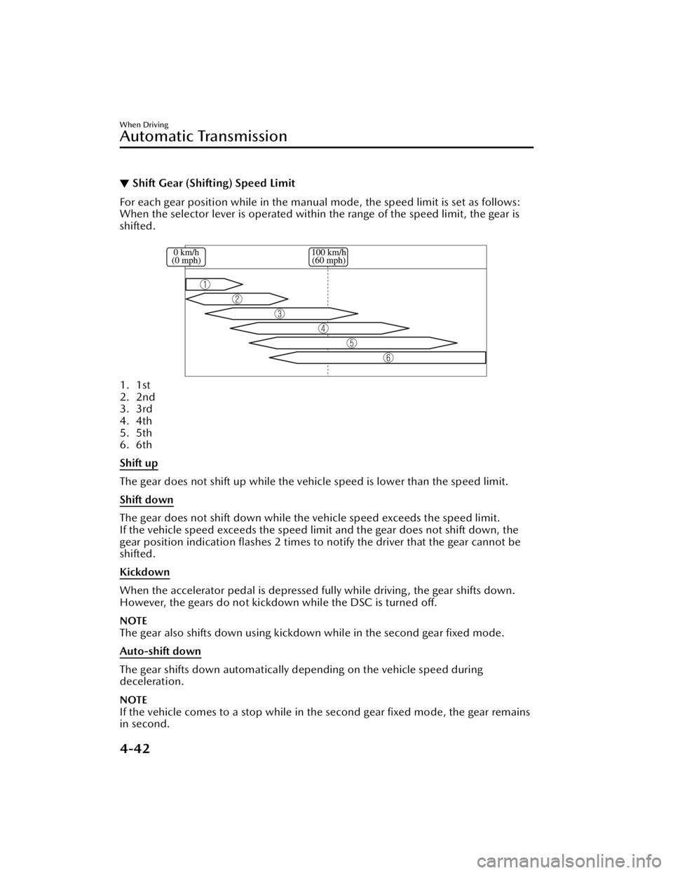 MAZDA MAZDA 2021  Owners Manual ▼Shift Gear (Shifting) Speed Limit
For each gear position while in the manual
 mode, the speed limit is set as follows:
When the selector lever is operated within the range of the speed limit, the g