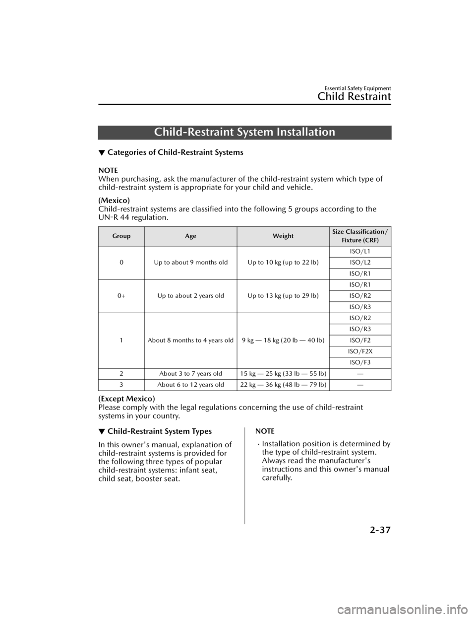 MAZDA MAZDA 2021  Owners Manual Child-Restraint System Installation
▼Categories of Child-Restraint Systems
NOTE
When purchasing, ask the manufacturer of the child-restraint system which type of
child-restraint system is appropriat