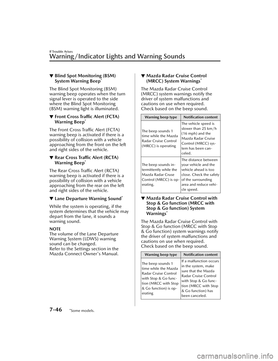 MAZDA MAZDA 2021  Owners Manual ▼Blind Spot Monitoring (BSM)
System Warning Beep*
The Blind Spot Monitoring (BSM)
warning beep operates when the turn
signal lever is operated to the side
where the Blind Spot Monitoring
(BSM) warni