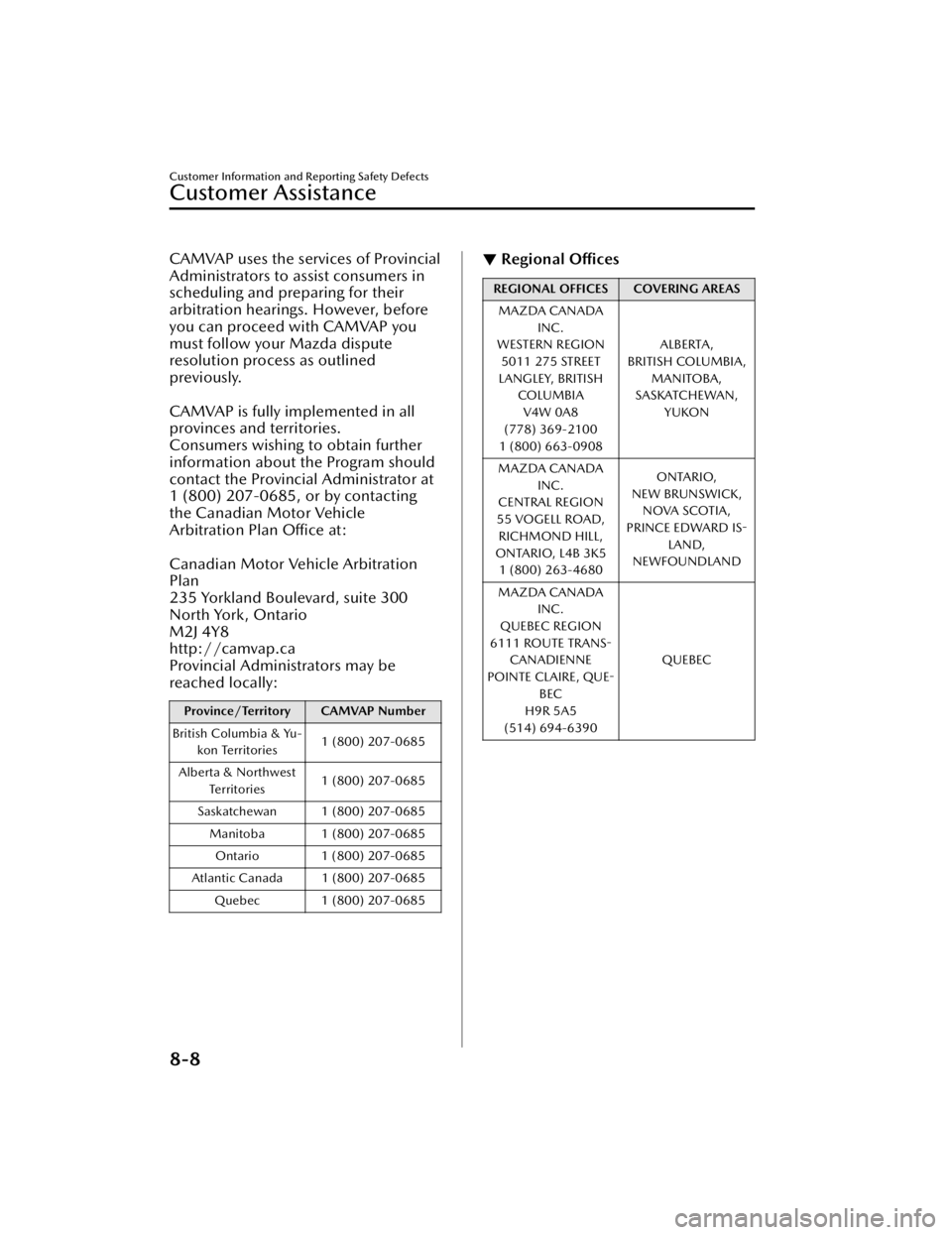 MAZDA MAZDA 2021  Owners Manual CAMVAP uses the services of Provincial
Administrators to assist consumers in
scheduling and preparing for their
arbitration hearings. However, before
you can proceed with CAMVAP you
must follow your M