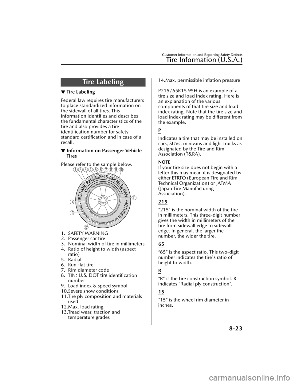 MAZDA MAZDA 2021  Owners Manual Tire Labeling
▼Tire Labeling
Federal law requires tire manufacturers
to place standardized information on
the sidewall of all tires. This
information identiﬁes and describes
the fundamental charac