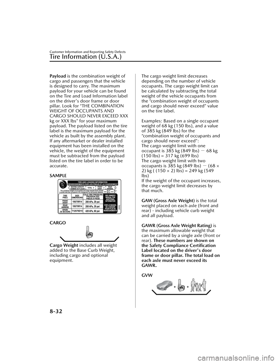 MAZDA MAZDA 2021  Owners Manual Pay l o a d is the combination weight of
cargo and passengers that the vehicle
is designed to carry. The maximum
payload for your vehicle can be found
on the Tire and Load Information label
on the dri