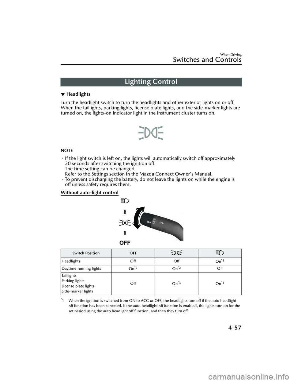 MAZDA MAZDA 2023 Owners Manual Lighting Control
▼Headlights
Turn the headlight switch to turn the headli
ghts and other exterior lights on or off.
When the taillights, parking lights, license plate lights, and the side-marker li MAZDA MAZDA 2023 Owners Manual Lighting Control
▼Headlights
Turn the headlight switch to turn the headli
ghts and other exterior lights on or off.
When the taillights, parking lights, license plate lights, and the side-marker li