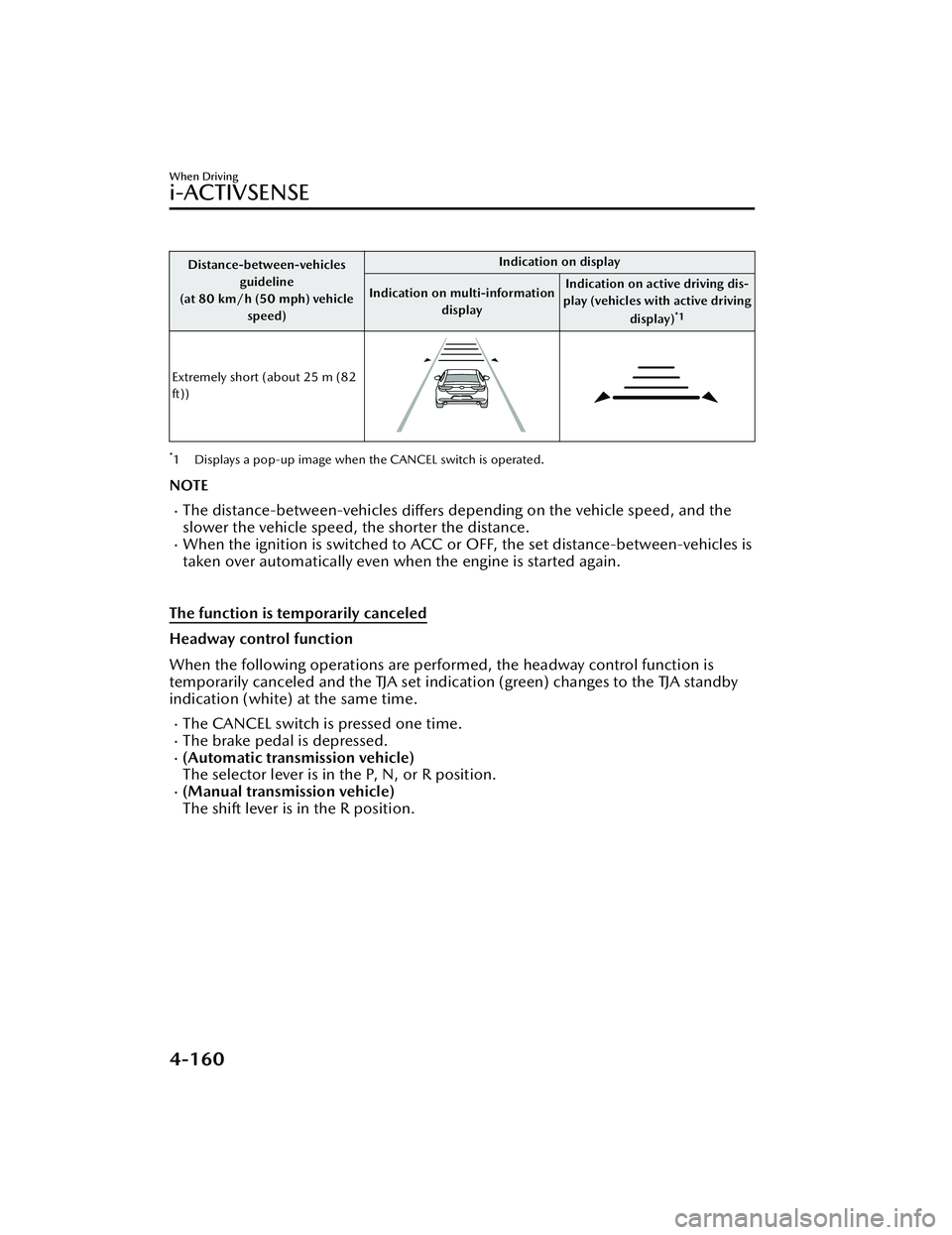 MAZDA MAZDA 2023 Owners Manual Distance-between-vehiclesguideline
(at 80 km/h (50 mph) vehicle
speed) Indication on display
Indication on multi-information display Indication on active driving dis-
play (vehicles with active drivin MAZDA MAZDA 2023 Owners Manual Distance-between-vehiclesguideline
(at 80 km/h (50 mph) vehicle
speed) Indication on display
Indication on multi-information display Indication on active driving dis-
play (vehicles with active drivin
