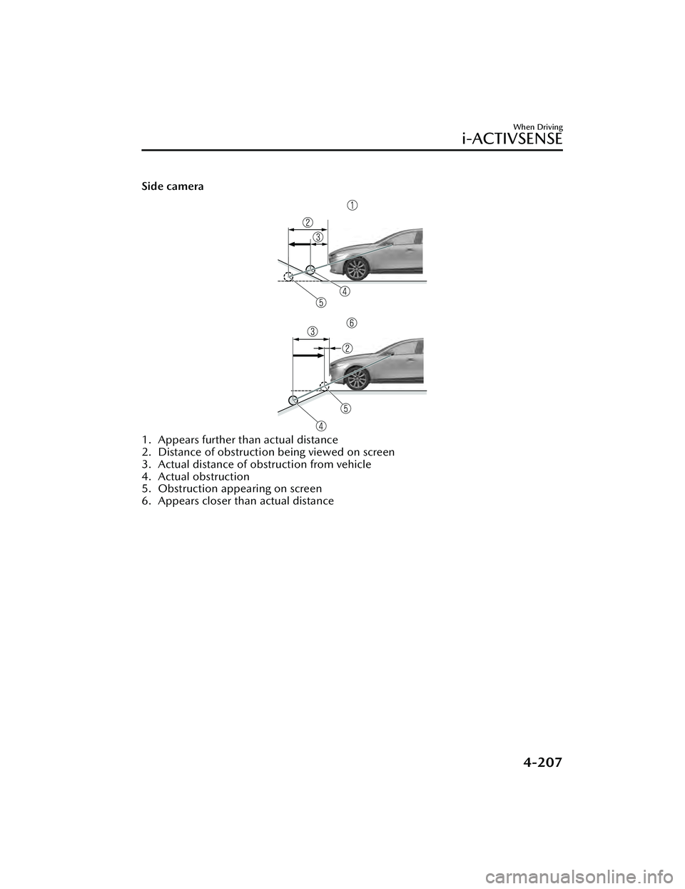 MAZDA MAZDA 2023  Owners Manual Side camera
1. Appears further than actual distance
2. Distance of obstruction being viewed on screen
3. Actual distance of obstruction from vehicle
4. Actual obstruction
5. Obstruction appearing on s