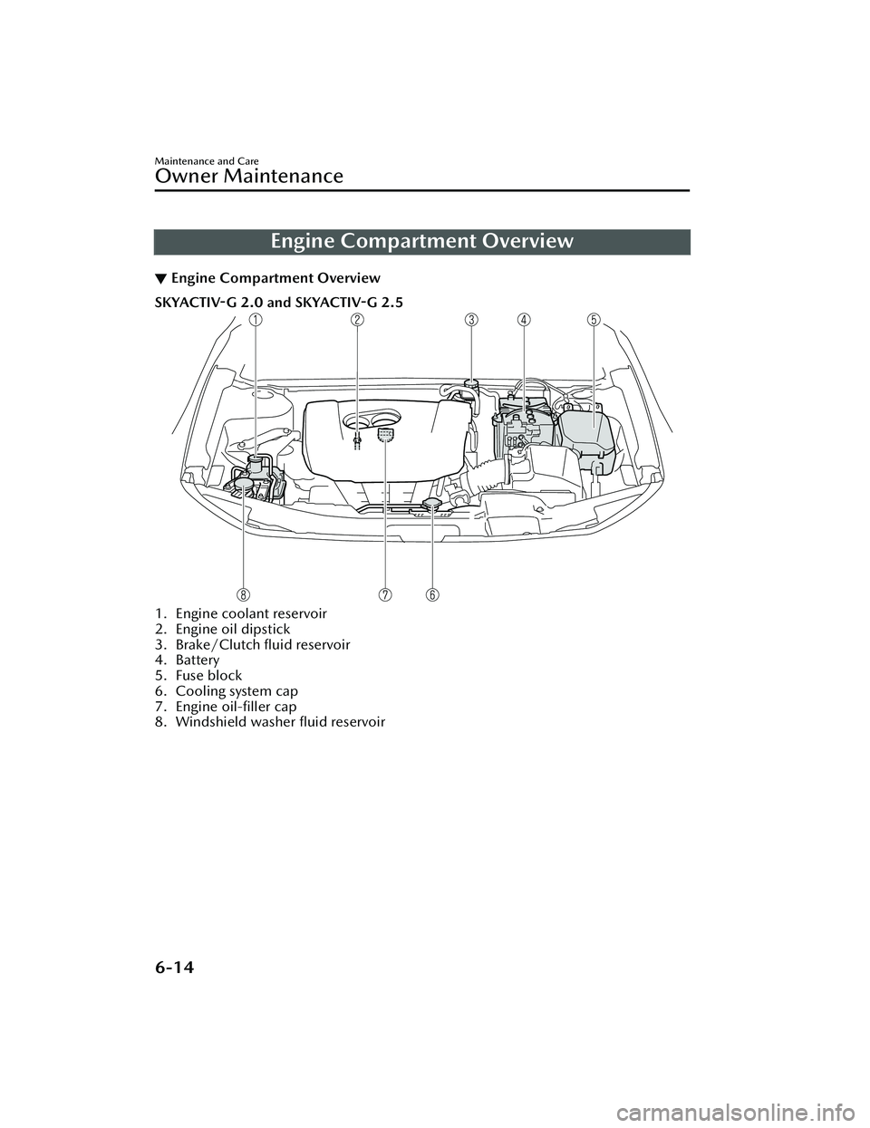 MAZDA MAZDA 2023  Owners Manual Engine Compartment Overview
▼Engine Compartment Overview
SKYACTIV-G 2.0 and SKYACTIV-G 2.5
1. Engine coolant reservoir
2. Engine oil dipstick
3. Brake/Clutch ﬂuid reservoir
4. Battery
5. Fuse bloc