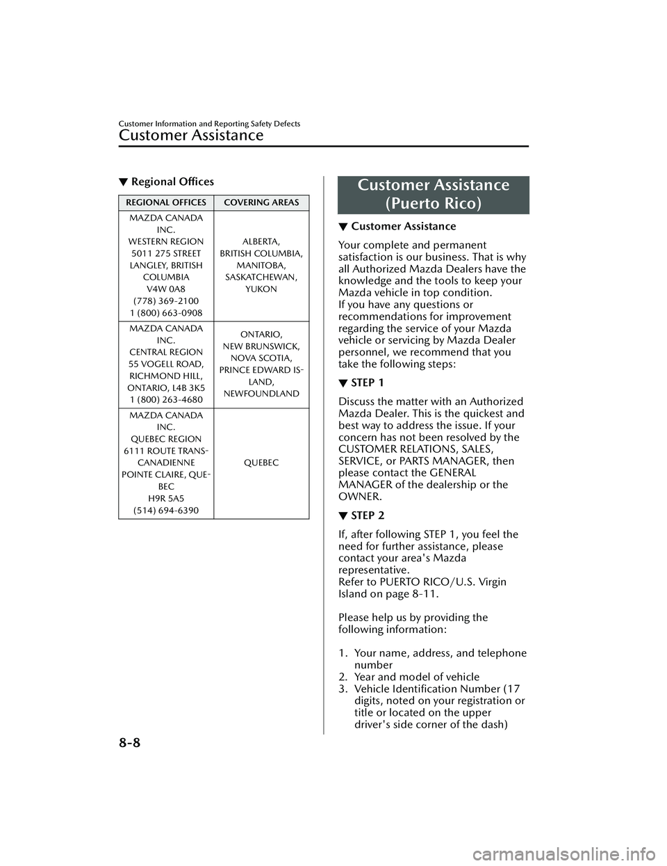 MAZDA MAZDA 2023  Owners Manual ▼Regional Offices
REGIONAL OFFICES COVERING AREAS
MAZDA CANADA INC.
WESTERN REGION
5011 275 STREET
LANGLEY, BRITISH COLUMBIAV4W 0A8
(778) 369-2100
1 (800) 663-0908 ALBERTA,
BRITISH COLUMBIA, MANITOB