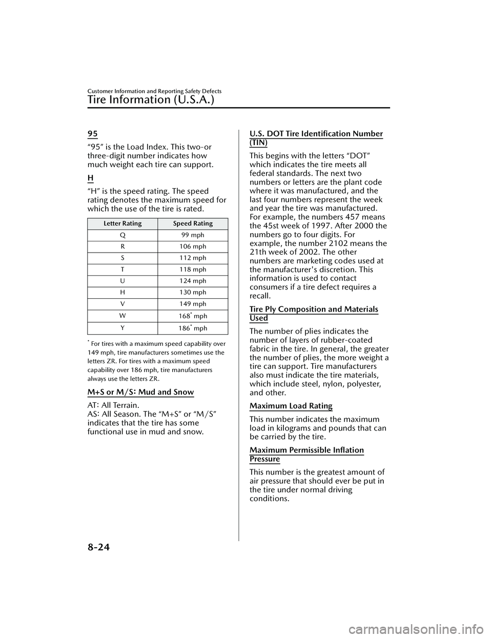 MAZDA MAZDA 2023 Owners Manual 95
“95” is the Load Index. This two-or
three-digit number indicates how
much weight each tire can support.
H
“H” is the speed rating. The speed
rating denotes the maximum speed for
which the u MAZDA MAZDA 2023 Owners Manual 95
“95” is the Load Index. This two-or
three-digit number indicates how
much weight each tire can support.
H
“H” is the speed rating. The speed
rating denotes the maximum speed for
which the u